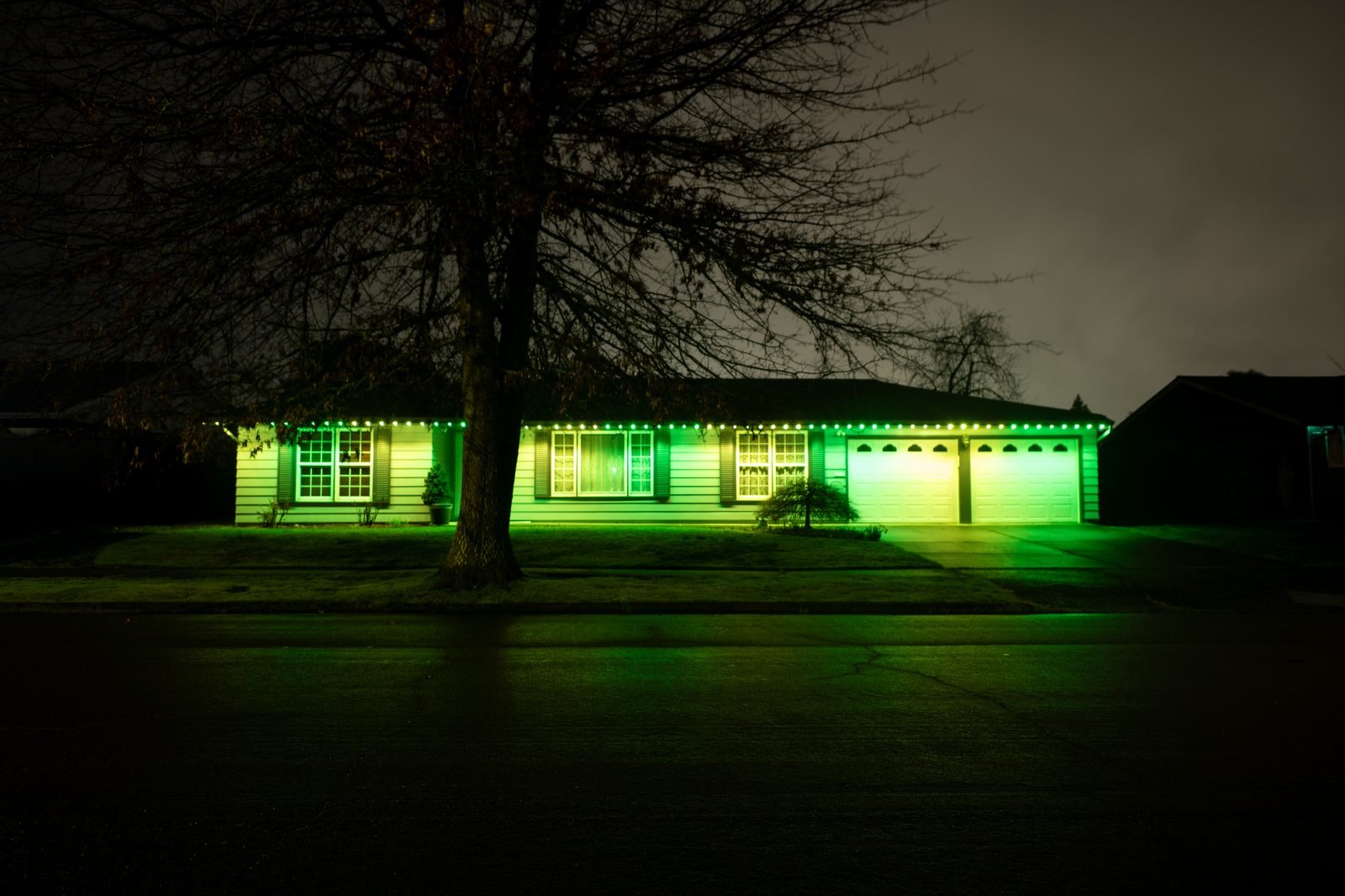Gene's North Salem home with permanent LED roofline lighting installed by Timber Glow Lights